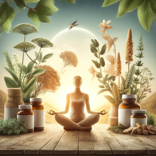 Person practicing yoga in a serene setting with herbs and supplements in the background.