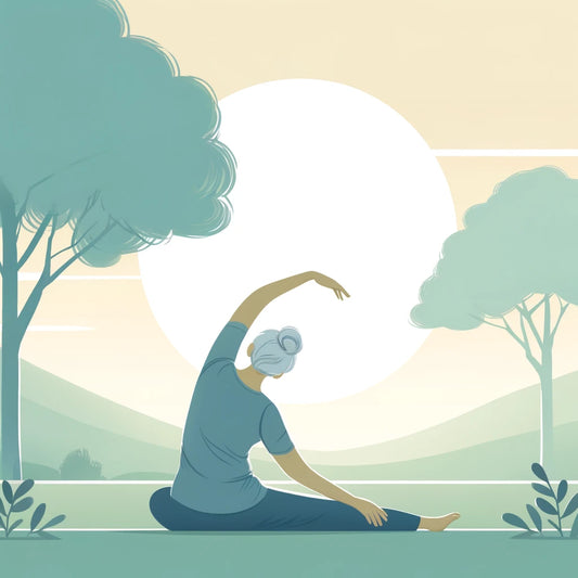 An older person stretching in a peaceful outdoor setting, representing healthy aging and wellness.