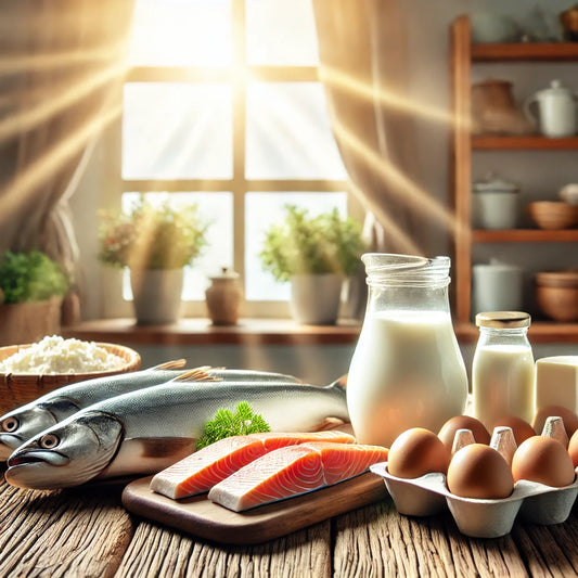 Sunlight through window on Vitamin D-rich foods like fatty fish, eggs, and fortified dairy products on a kitchen table.