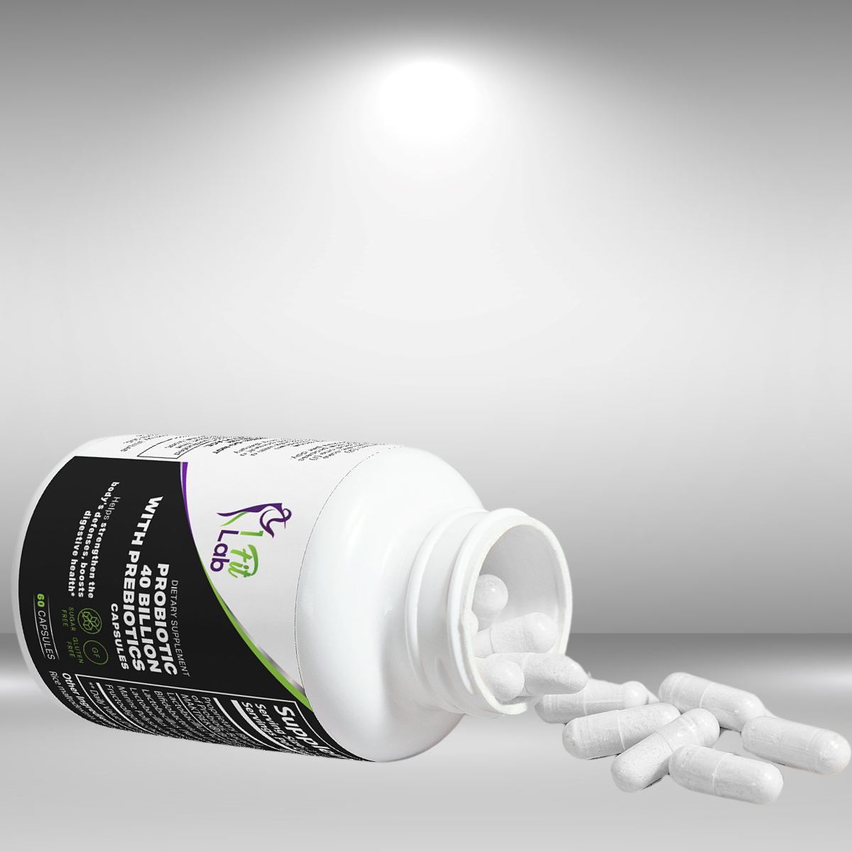 bottle and capsules of probiotic 40 billion with prebiotics premium supplement