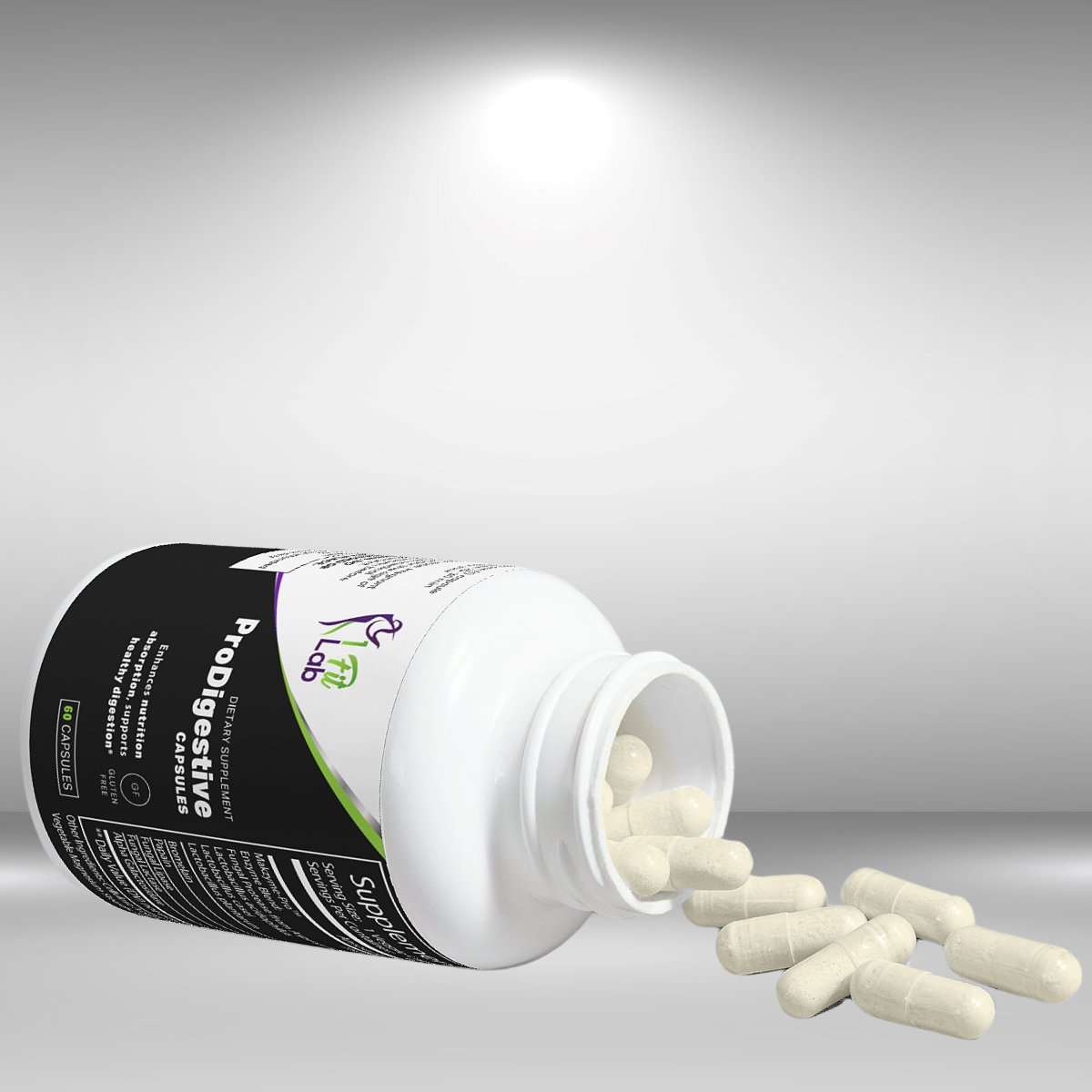 bottle and capsules of prodigestive premium probiotics supplement