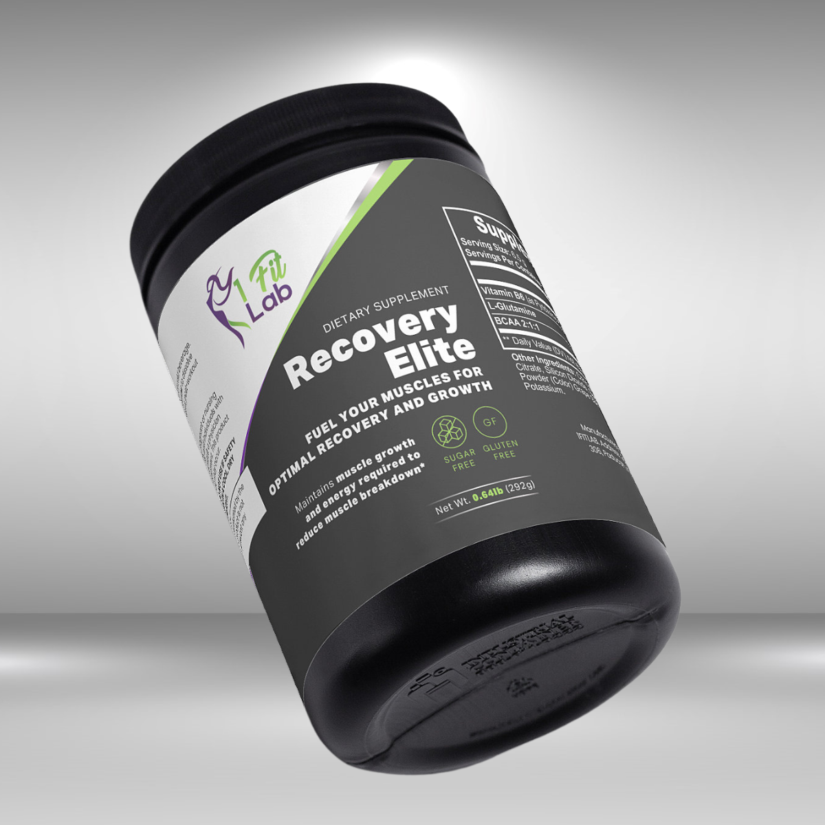 angled view of recovery elite premium post workout powder