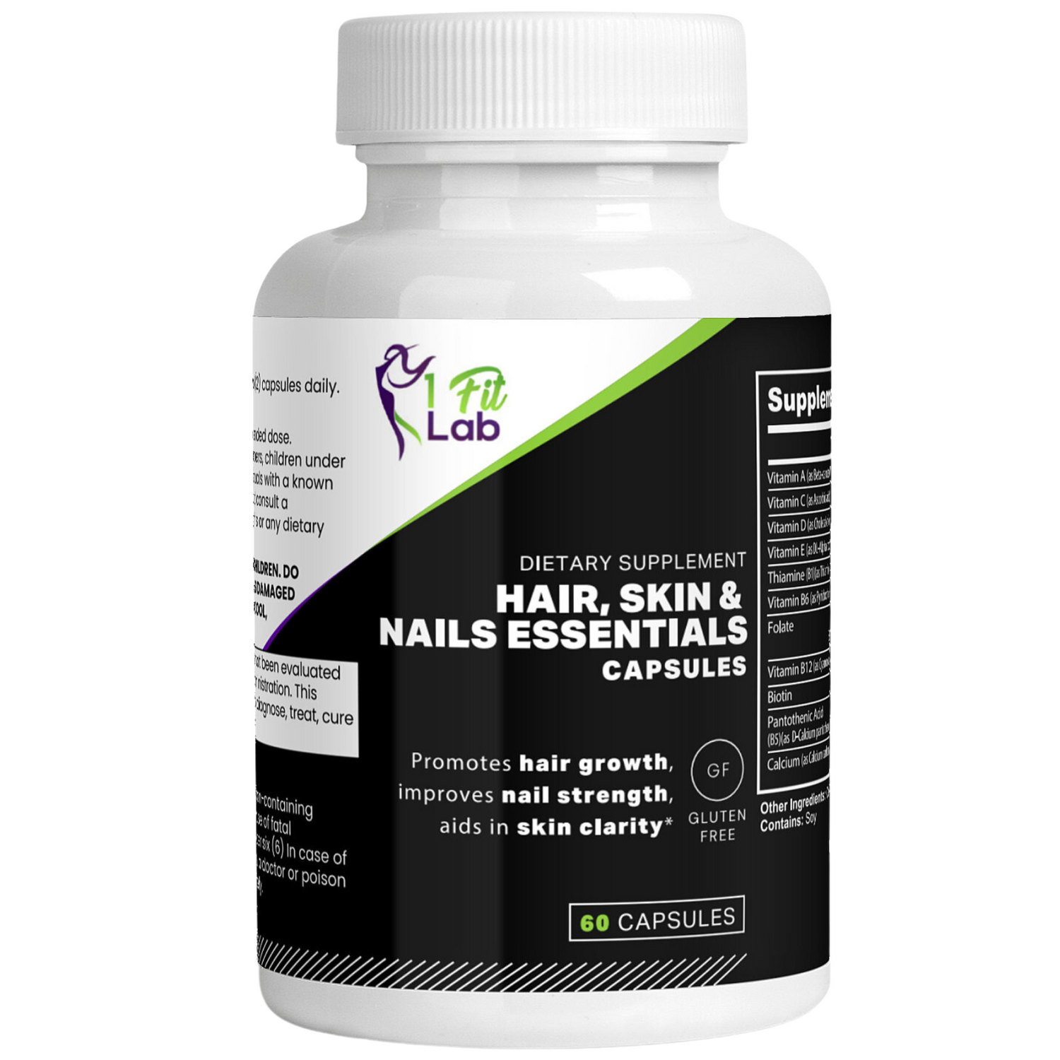 Bottle of Hair, Skin & Nail Essentials supplement with Biotin, Vitamin B6, and Folic Acid for beauty enhancement