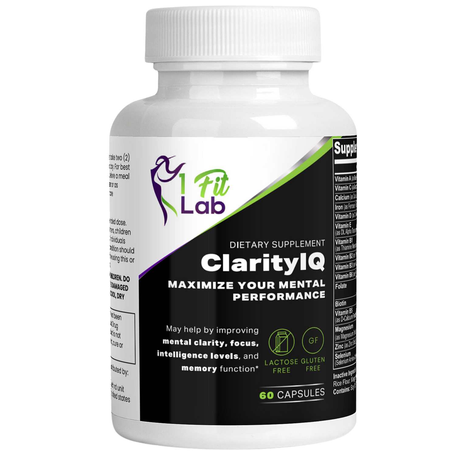 Bottle of ClarityIQ Natural Brain Booster with Bacopa, Ginkgo, and Rhodiola for focus, memory, and energy