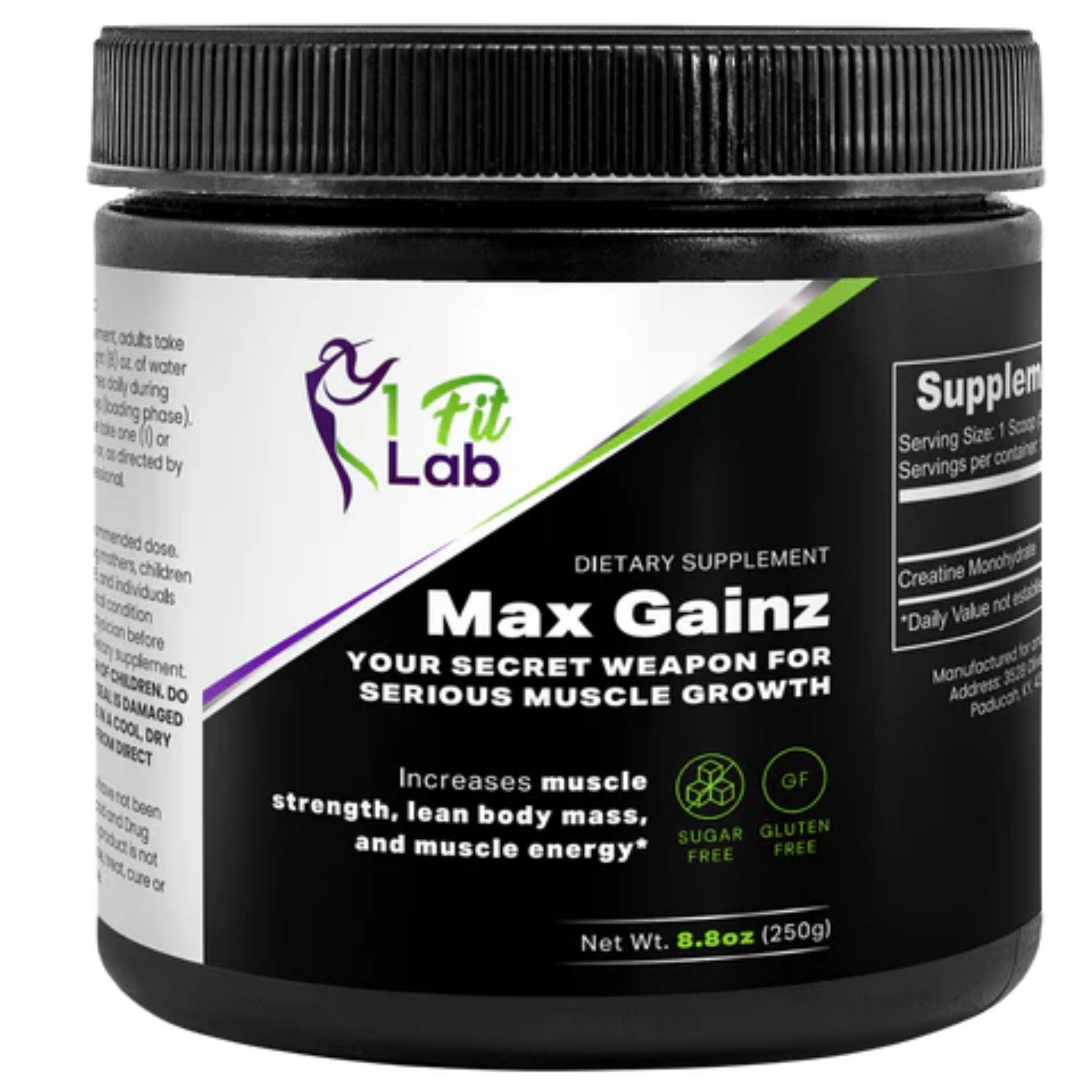 Bottle of Max Gainz Creatine Monohydrate supplement for muscle growth and recovery