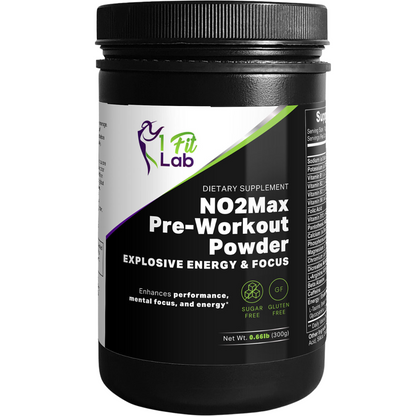 Bottle of NO2Max Pre-Workout Powder for explosive energy and focus