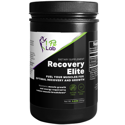 Bottle of RecoveryElite BCAA post-workout formula for muscle recovery and growth