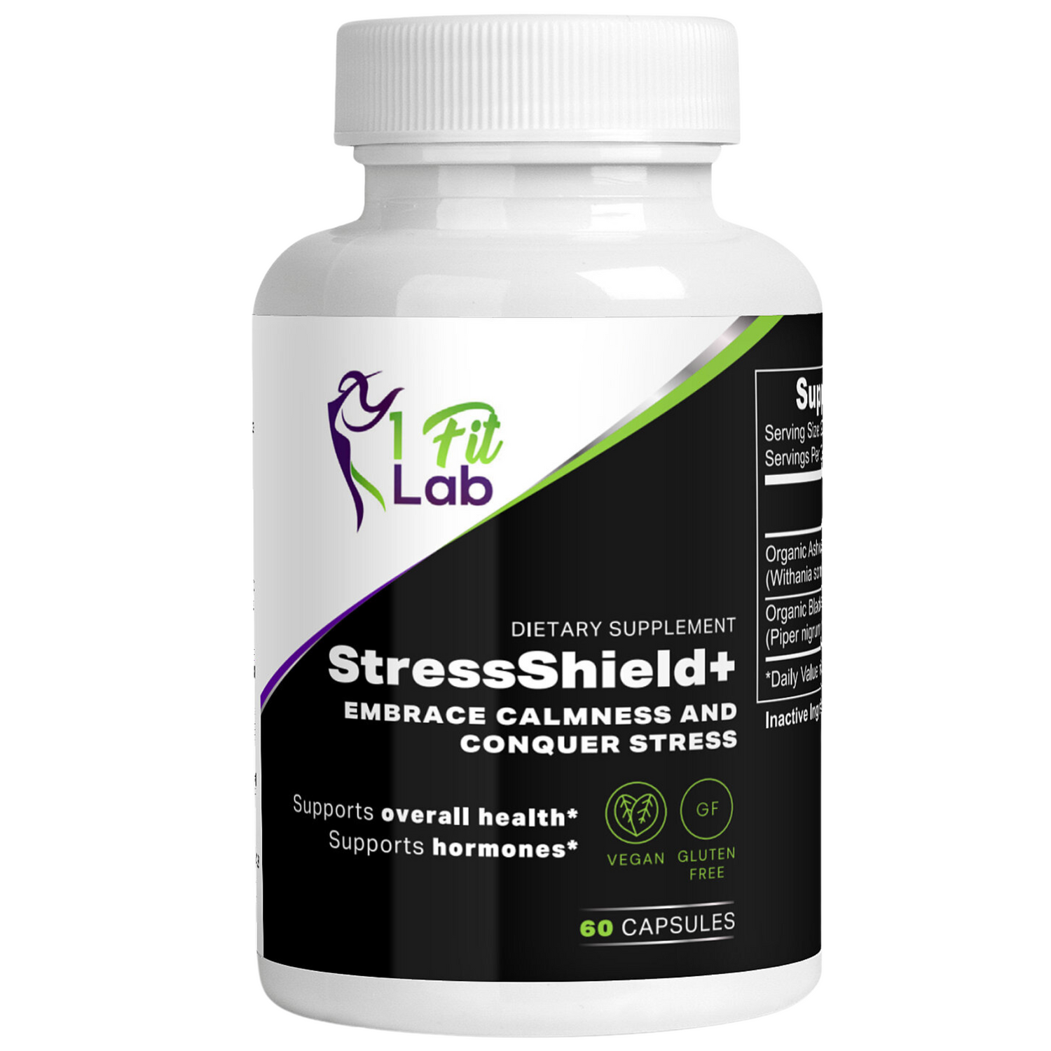 Bottle of StressShield+ Organic Ashwagandha supplement for stress relief and balance