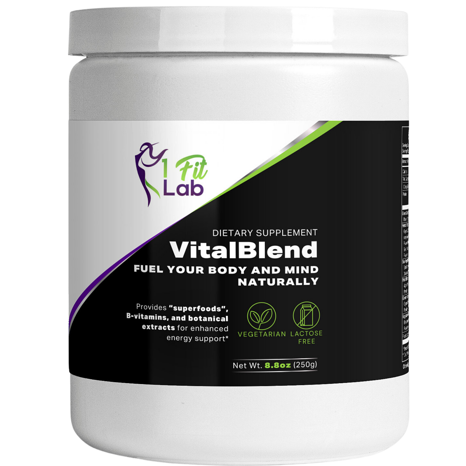 Bottle of VitalBlend Greens Organic Superfood Powder for energy and wellness