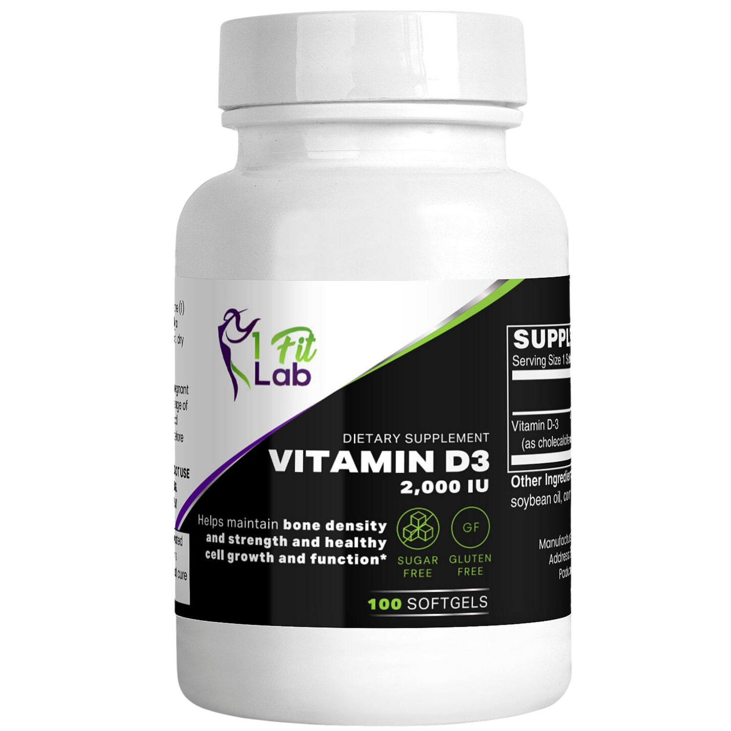 Bottle of Vitamin D3 2000 IU supplement for bone health and energy