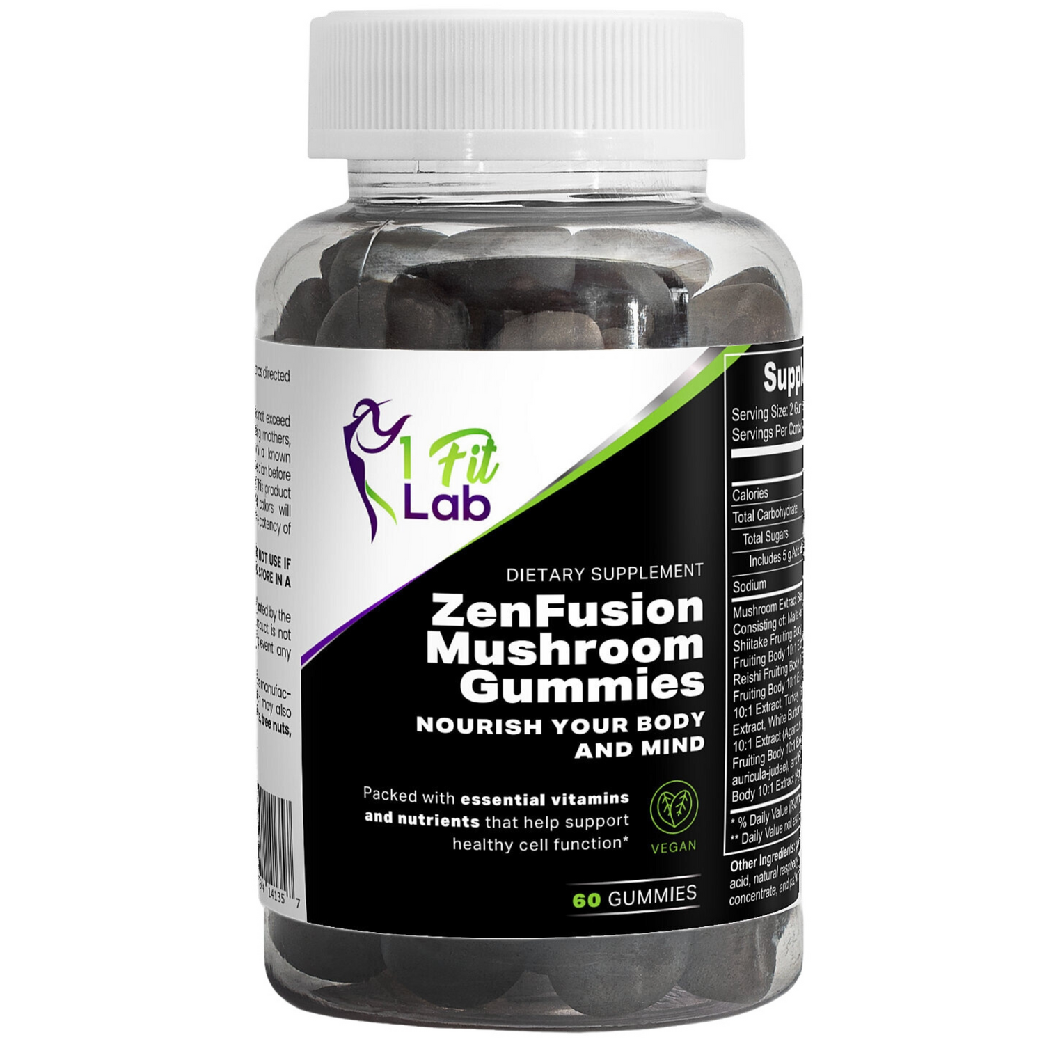 Bottle of ZenFusion Mushroom Gummies for focus and vitality with 10x extract blend
